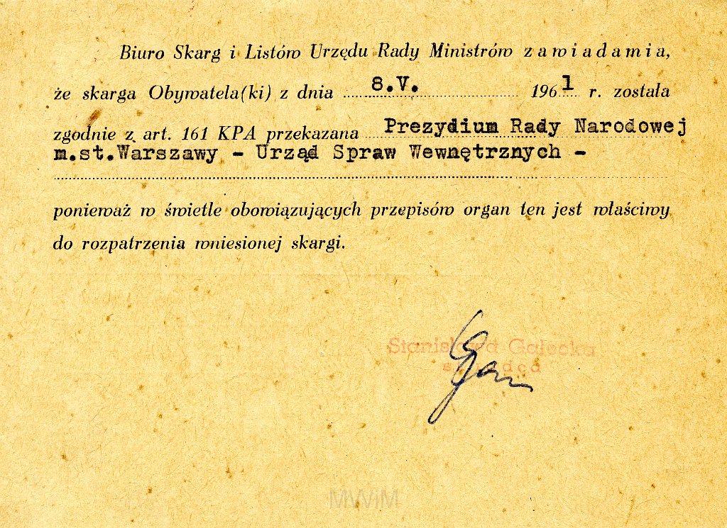 KKE 5840a.jpg - Dok. Pismo z Biura Skarg i Listów Urzędu Rady Miinistrów dla Jana Rogala dotyczące wniesionej skargi, Warszawa, 17 V 1961 r.